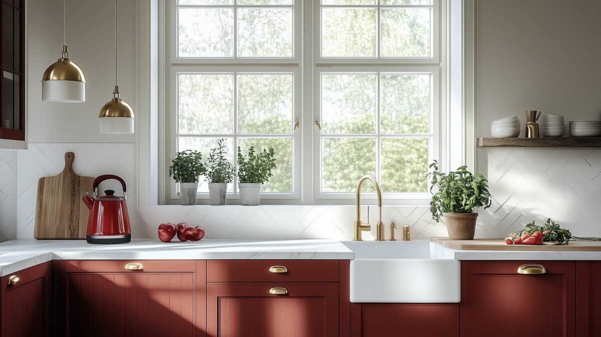 Cuisine rouge et blanche avec meubles bas rouges à poignées laiton, plan de travail en marbre blanc, bouilloire rouge, herbes aromatiques en pot sur le rebord de fenêtre et crédence chevron blanche baignée de lumière naturelle