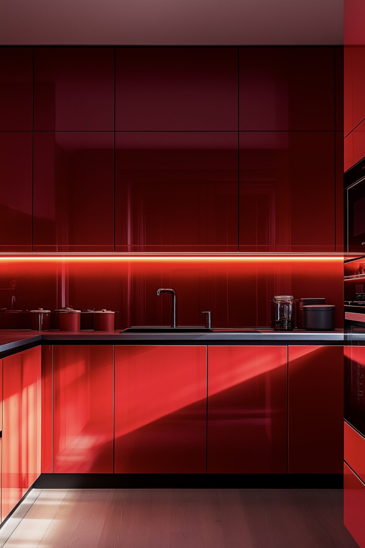 cuisine rouge laqué brillante éclairage led reflets lumière