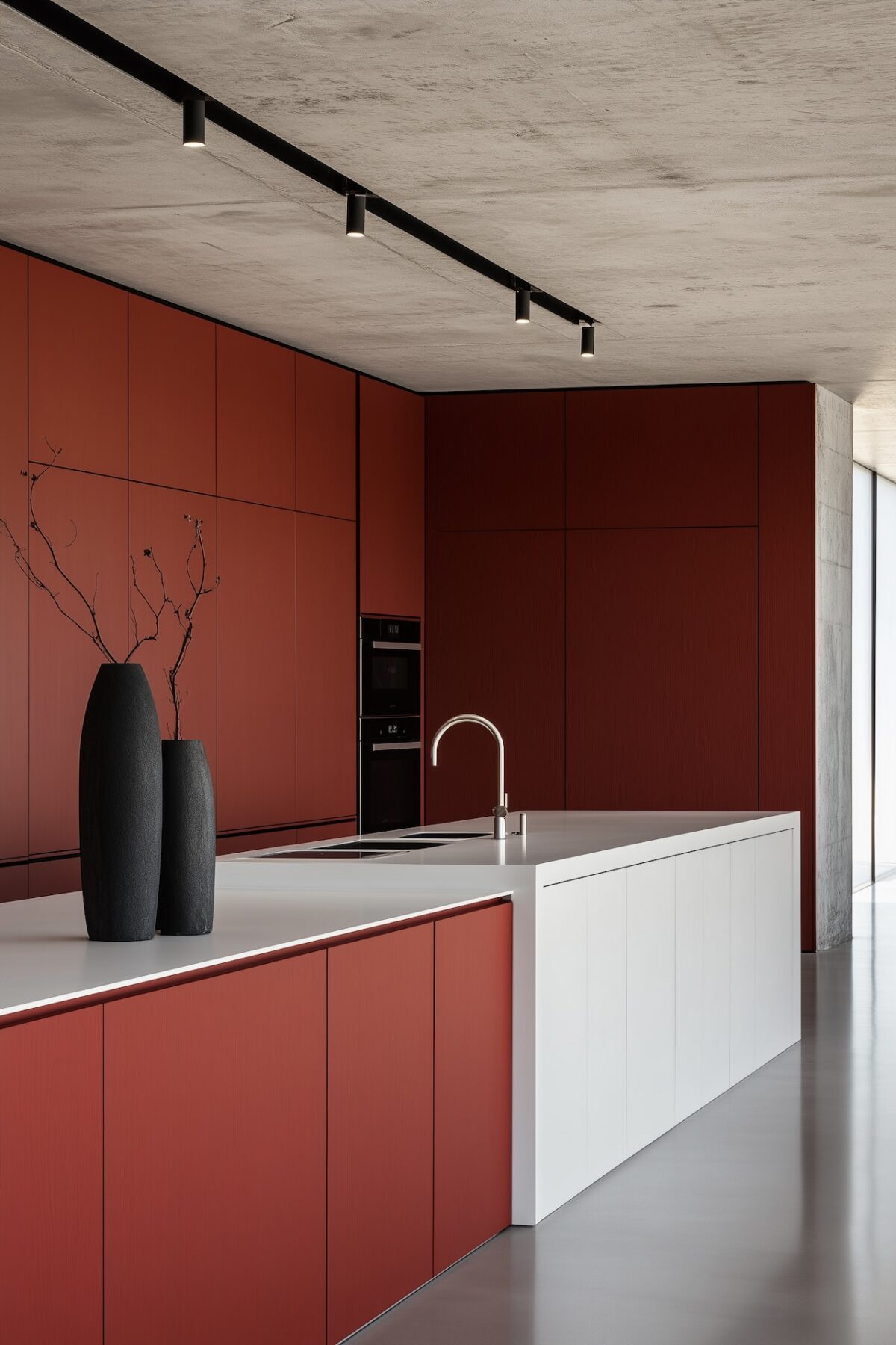 Cuisine contemporaine minimaliste avec mur de colonnes en rouge mat sans poignées, îlot bicolore rouge et blanc, plan de travail en résine blanche, plafond béton brut, spots sur rail noir, vases sculpturaux noirs et sol en résine grise
