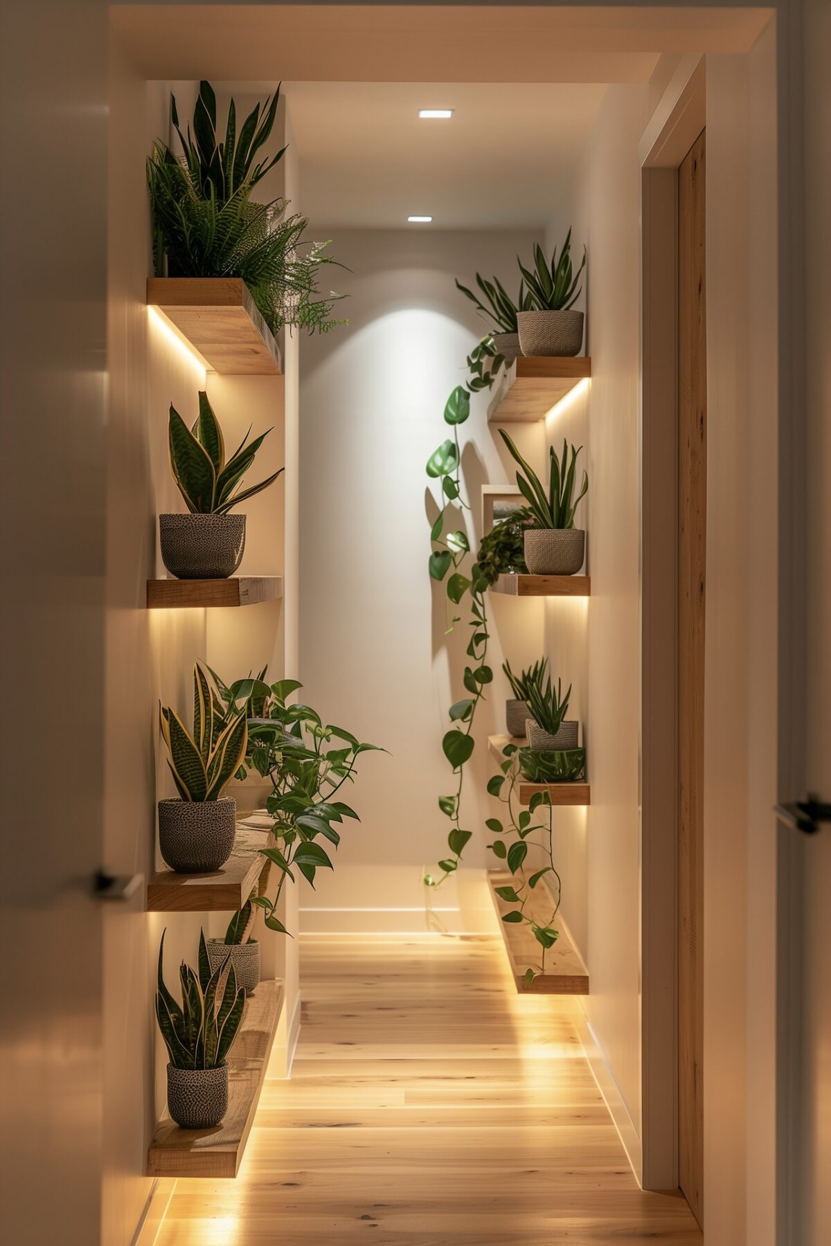 décorer couloir très étroit étagère flottante végétalisé