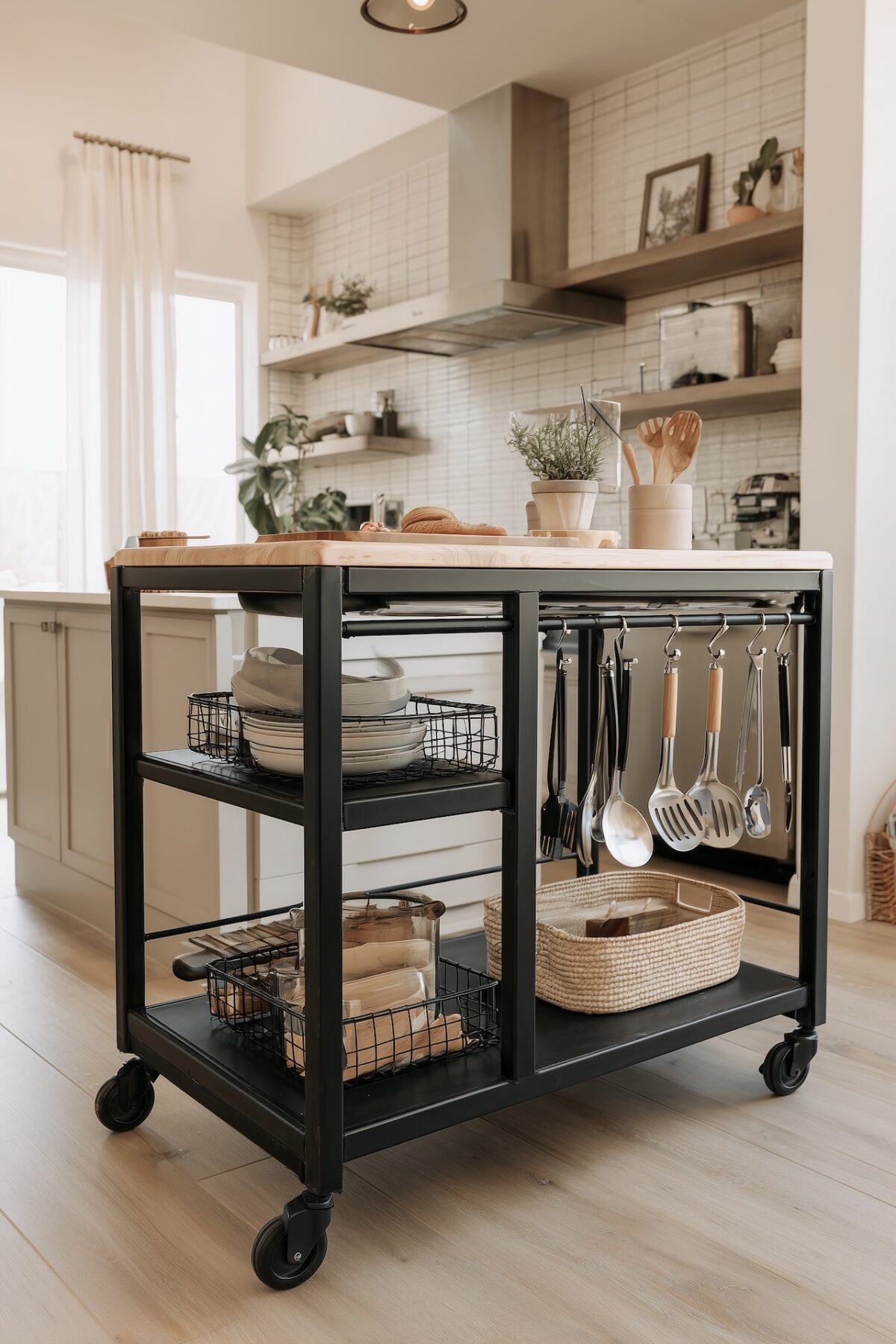 Desserte cuisine industrielle bois métal sur roulettes