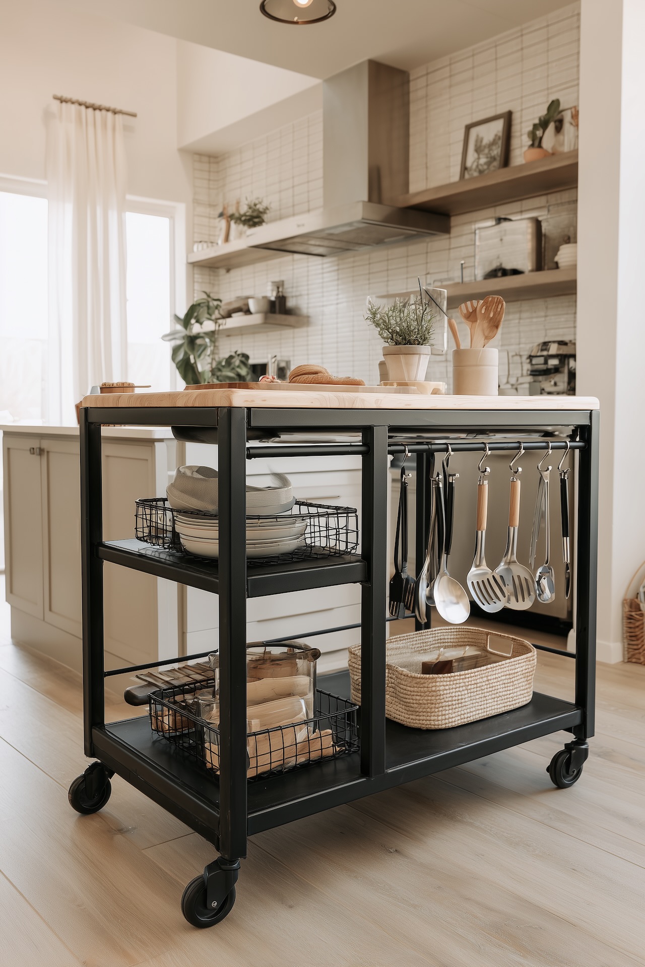 Desserte cuisine industrielle bois métal sur roulettes