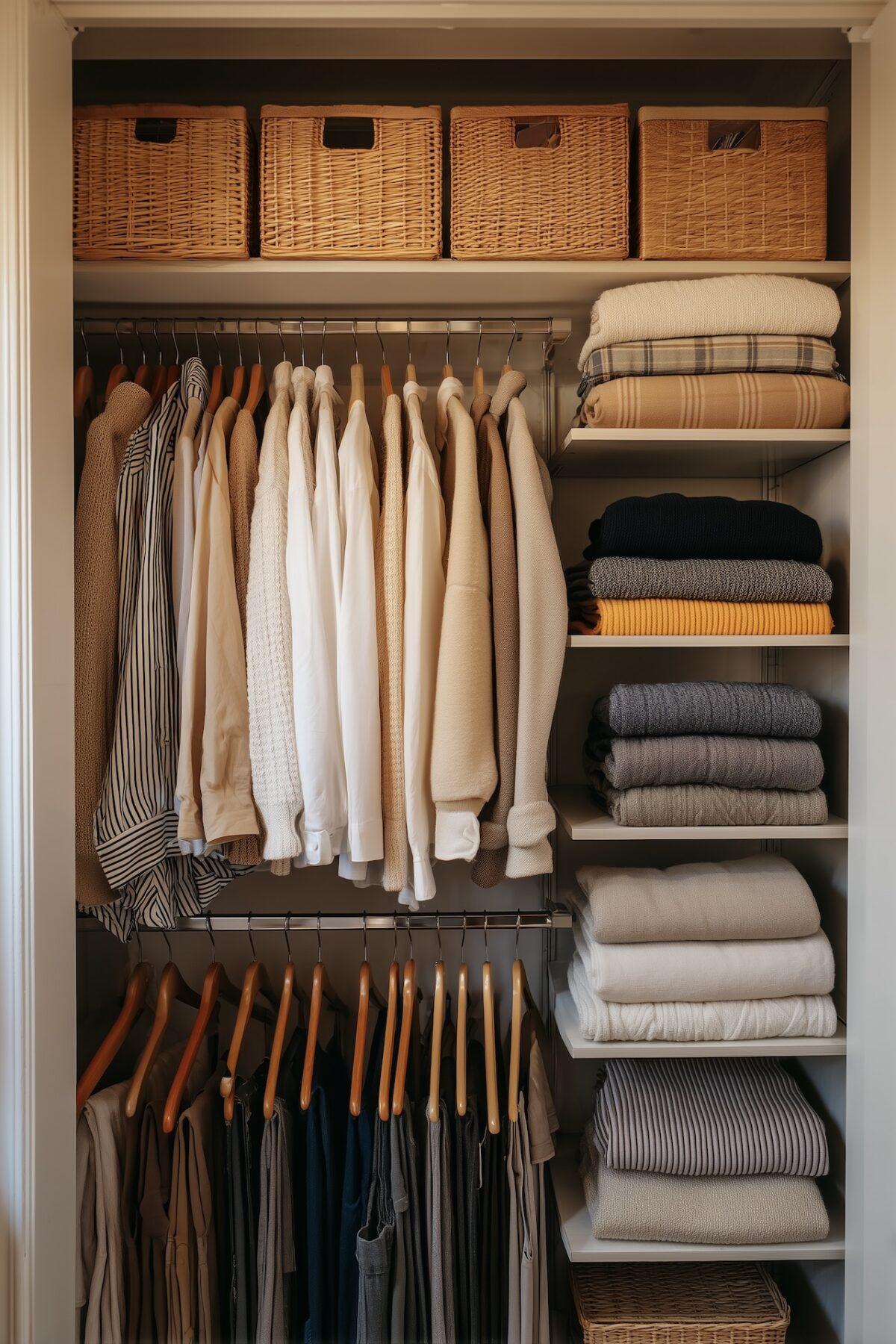 dressing organisé vêtements beiges paniers rangement textile