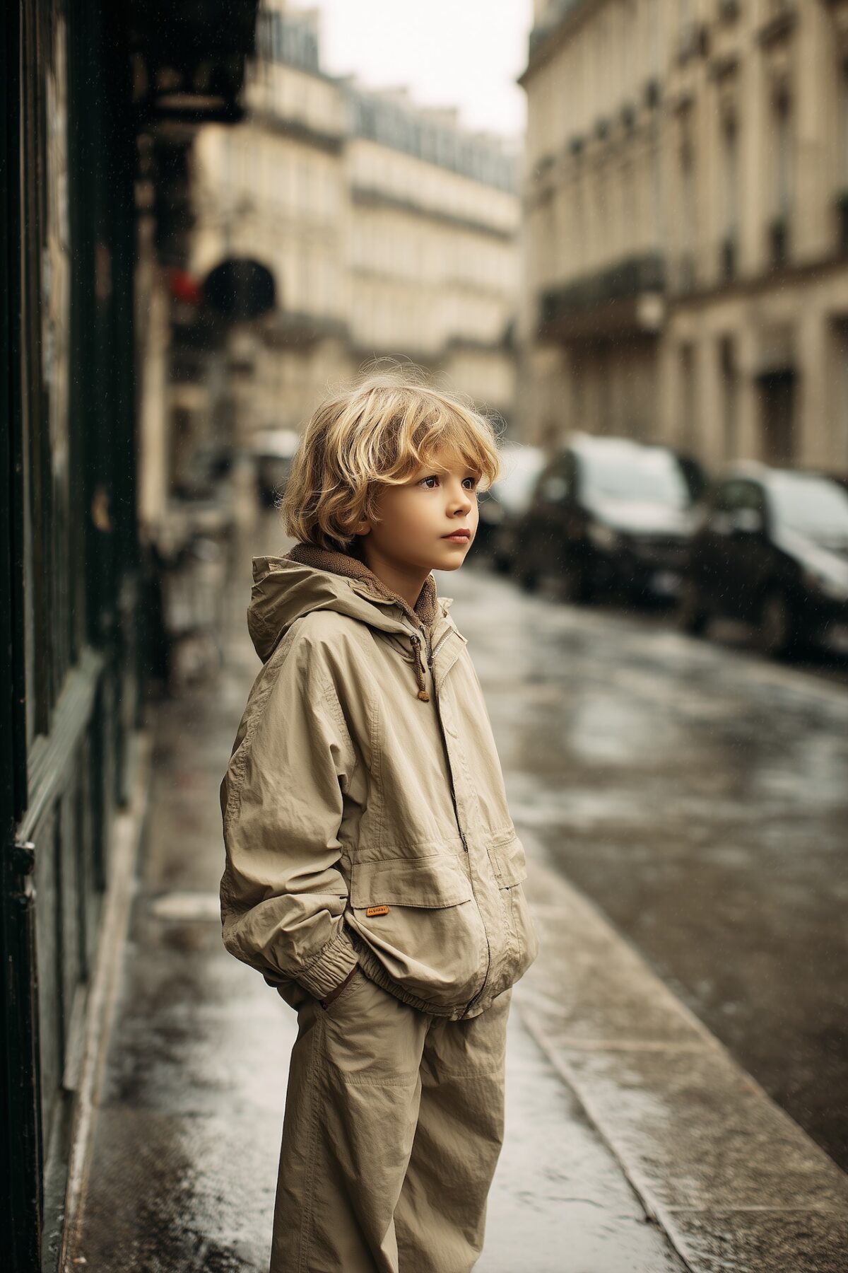 Enfant imperméable beige pluie rue parisienne