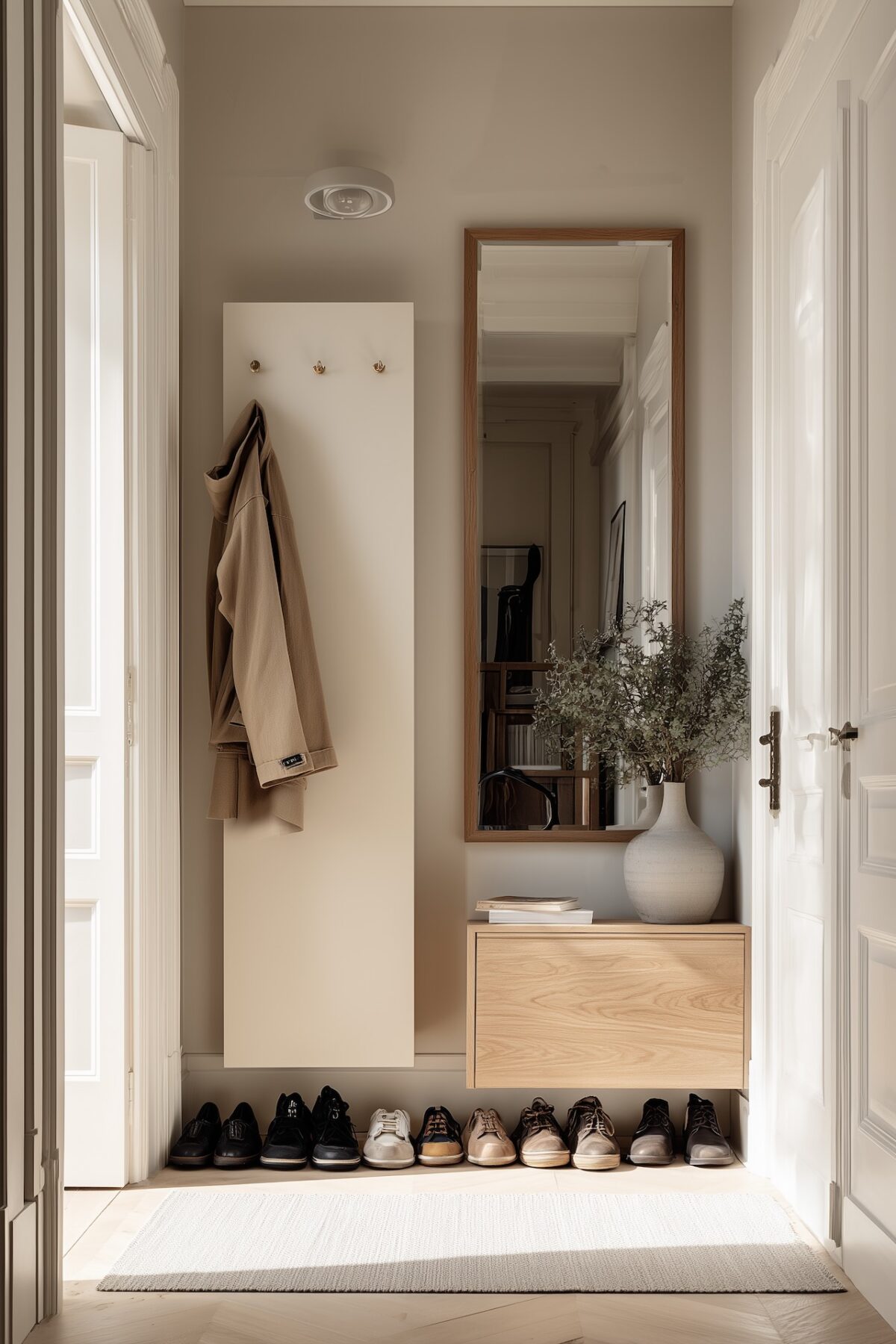 Petite entrée d'appartement parisien avec panneau mural à crochets, meuble à chaussures suspendu en chêne et miroir rectangulaire en bois