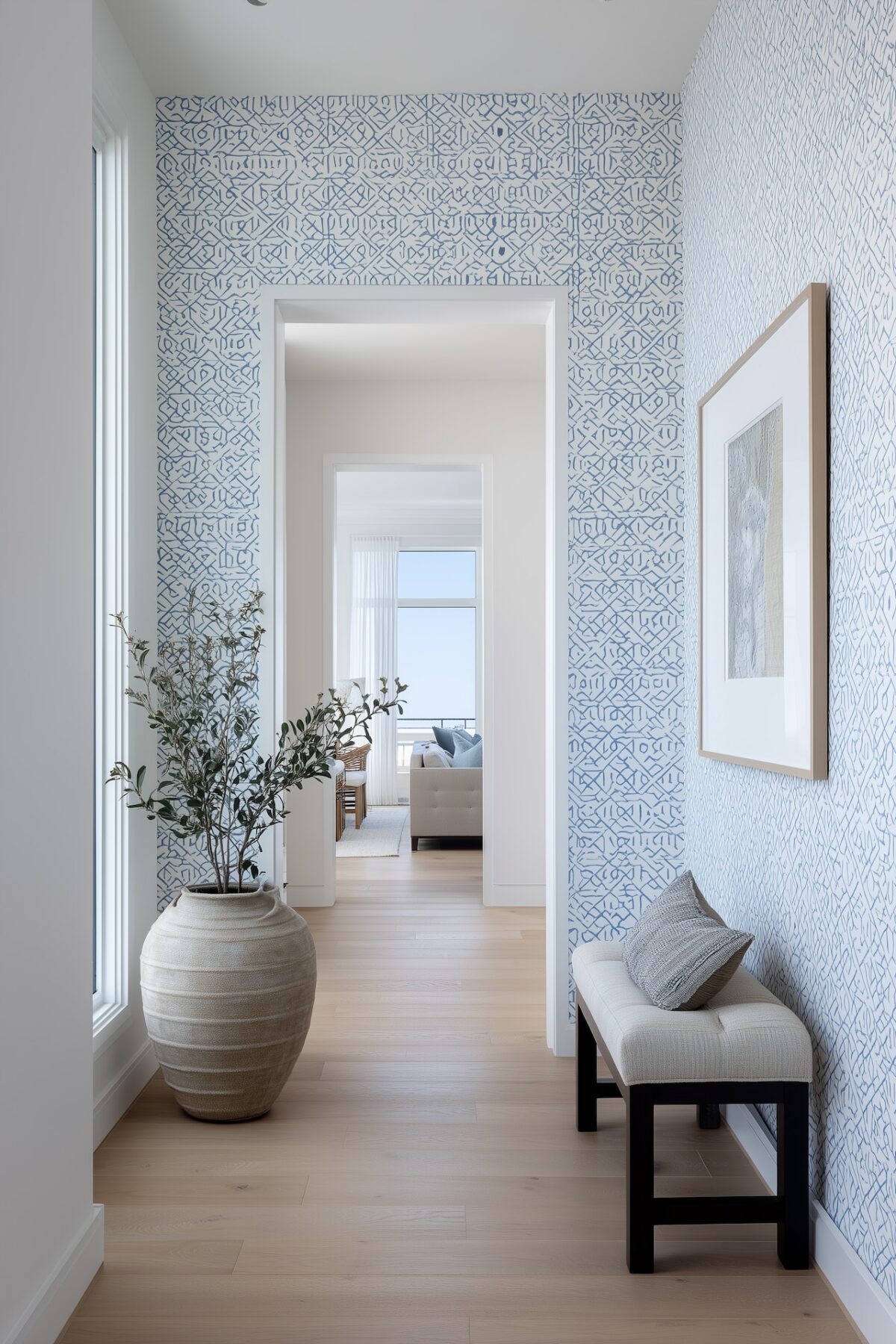 entrée lumineuse avec banc et motifs graphiques