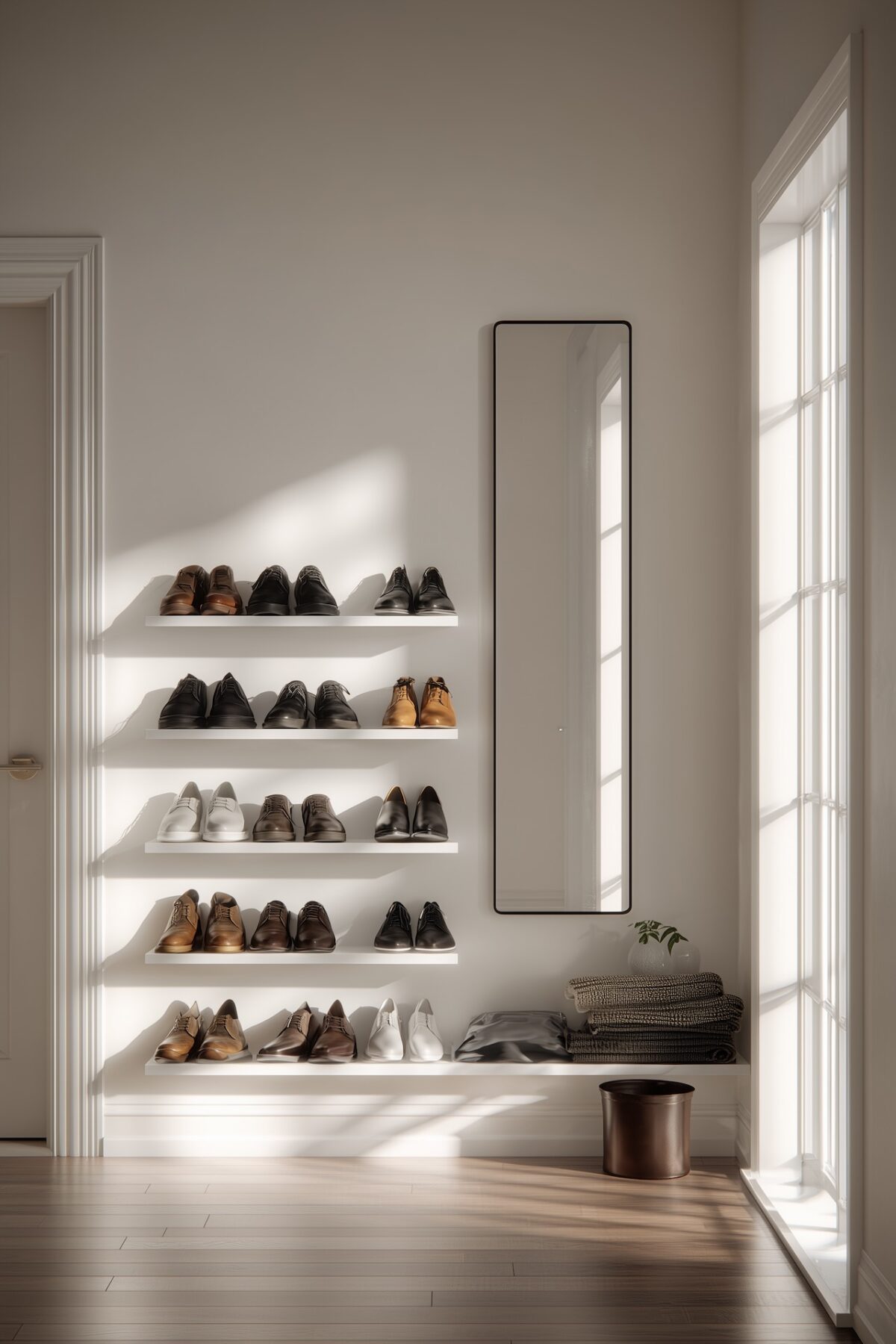 Meuble chaussures entrée peu encombrant avec étagères murales fines blanches et miroir en pied dans entrée étroite
