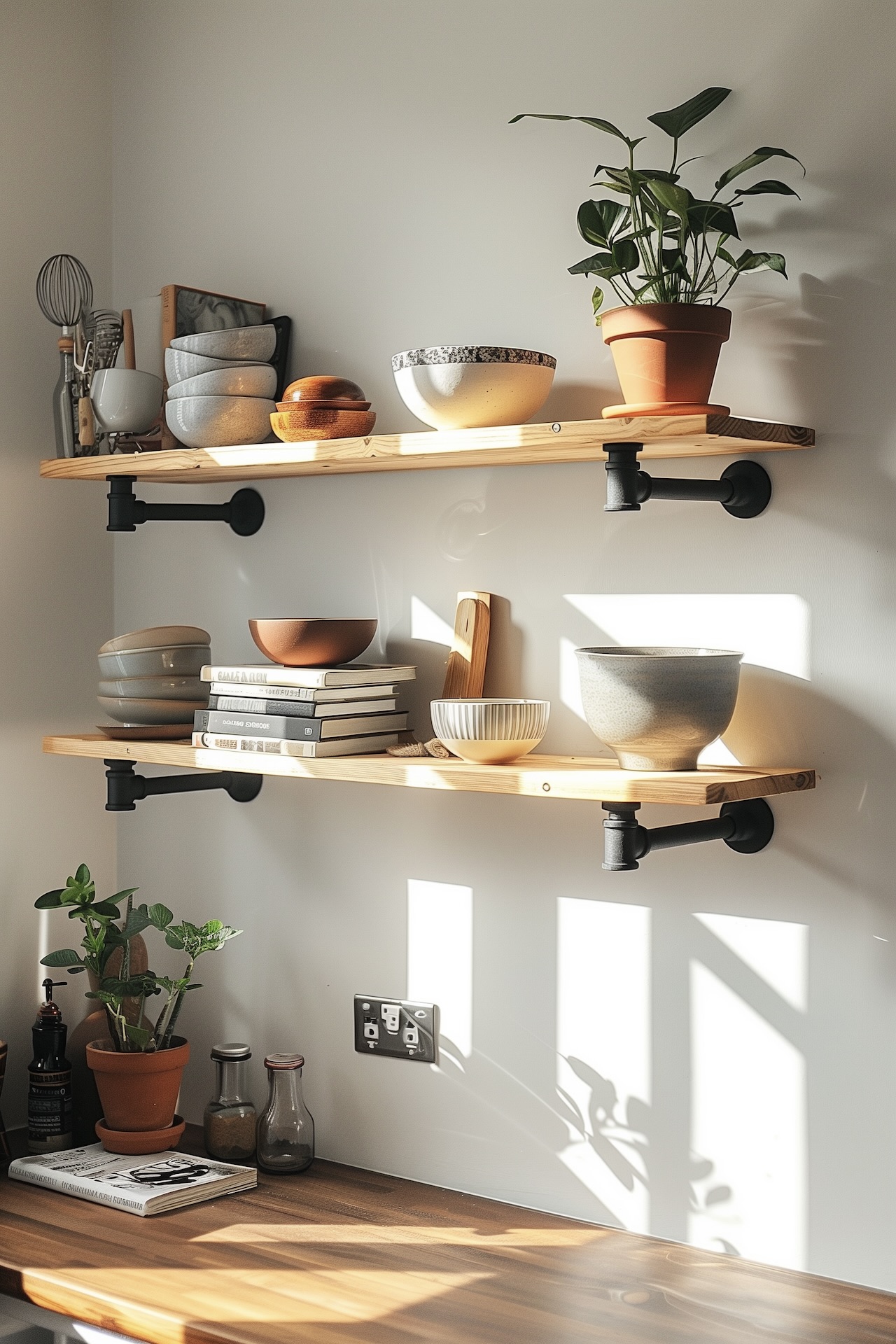 étagères murales cuisine bois métal noir