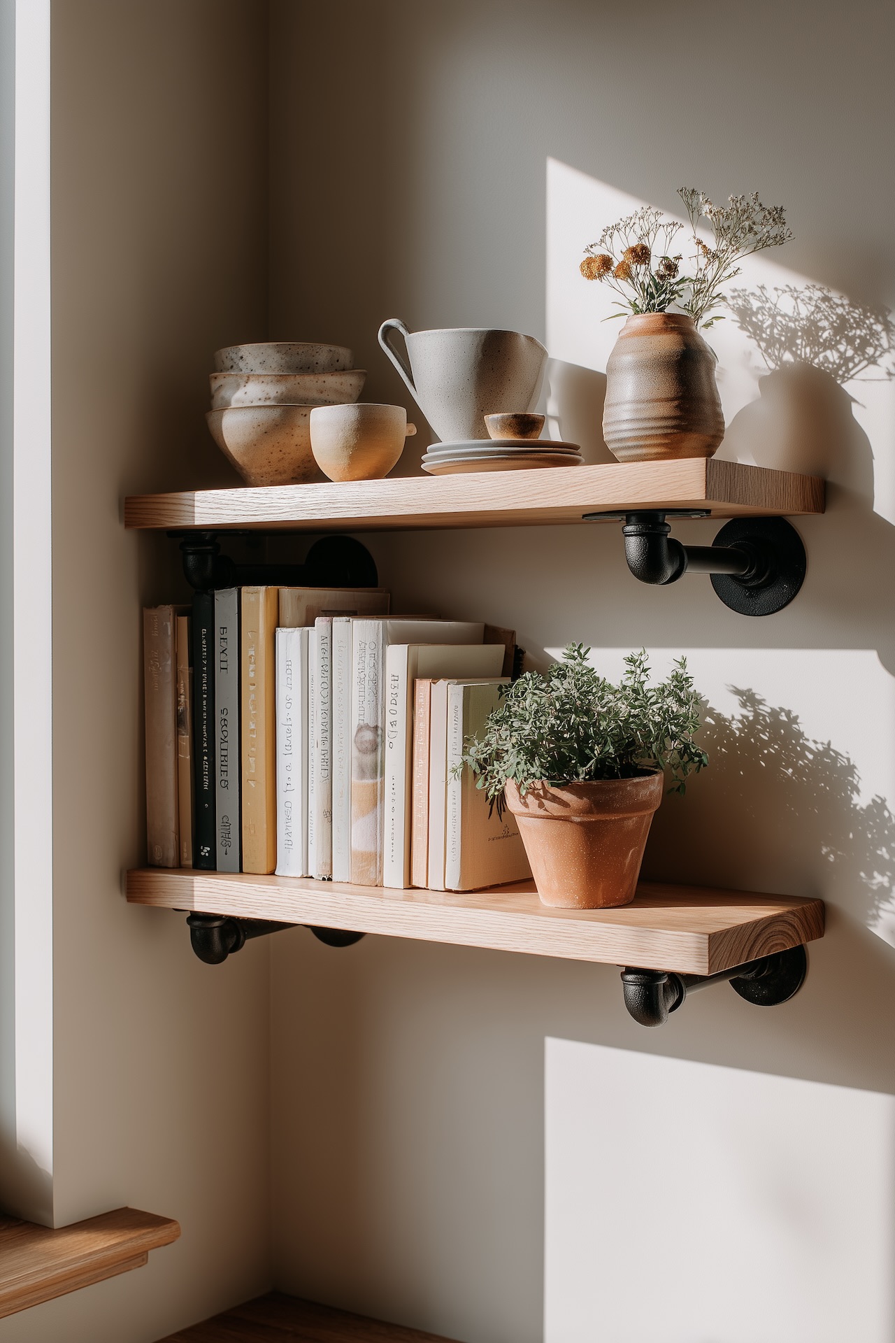 Étagères murales industrielles bois supports tuyaux noirs