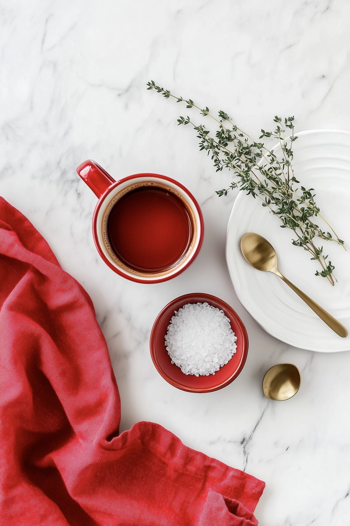 flat lay accessoires cuisine rouge blanc marbre thym laiton