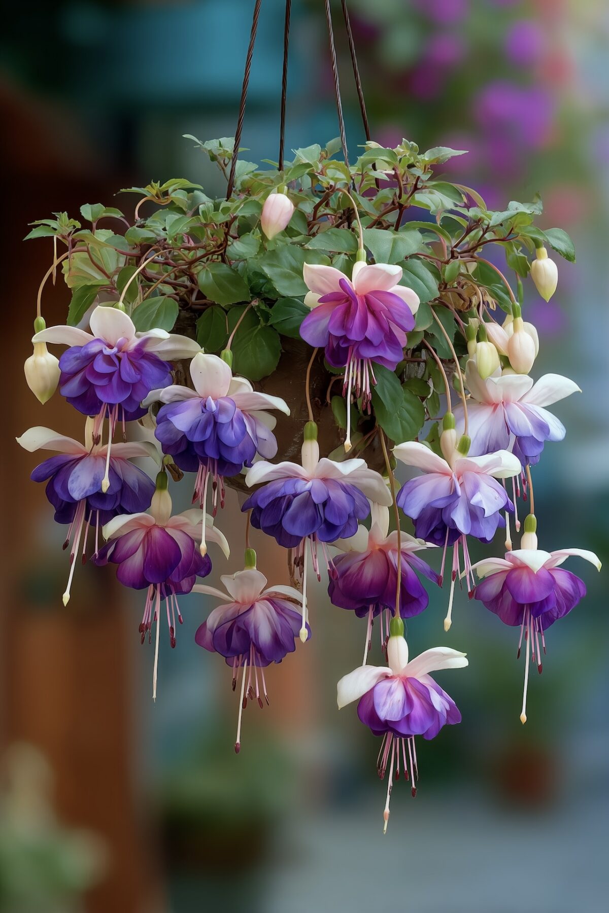 fuchsia pot jardinière suspension fleurs bicolores violettes balcon
