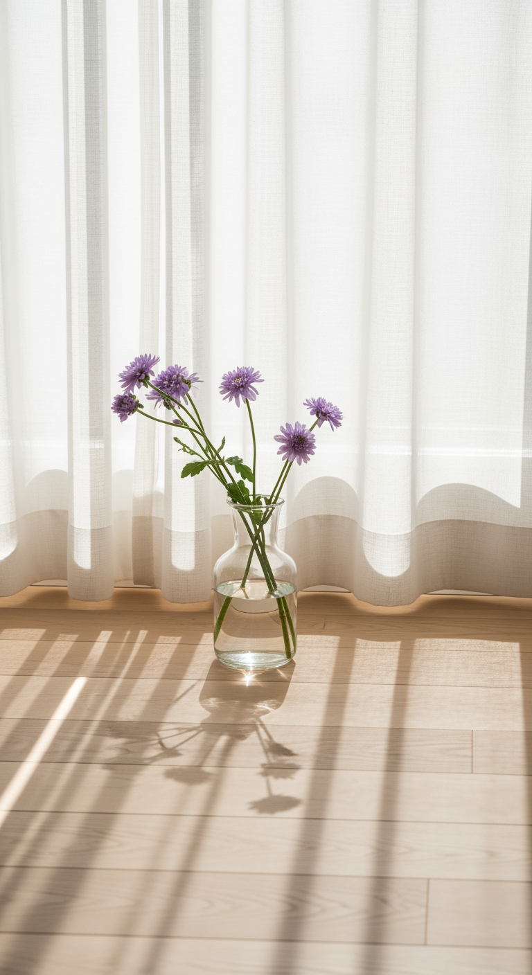 Gros plan de la lumière du soleil filtrant à travers un voilage blanc, se reflétant sur un parquet en bois clair pour agrandir l'espace.