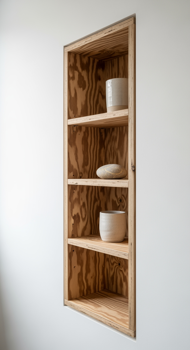 Gros plan sur des étagères en contreplaqué brut, construites sur-mesure pour s'adapter parfaitement à une niche murale.