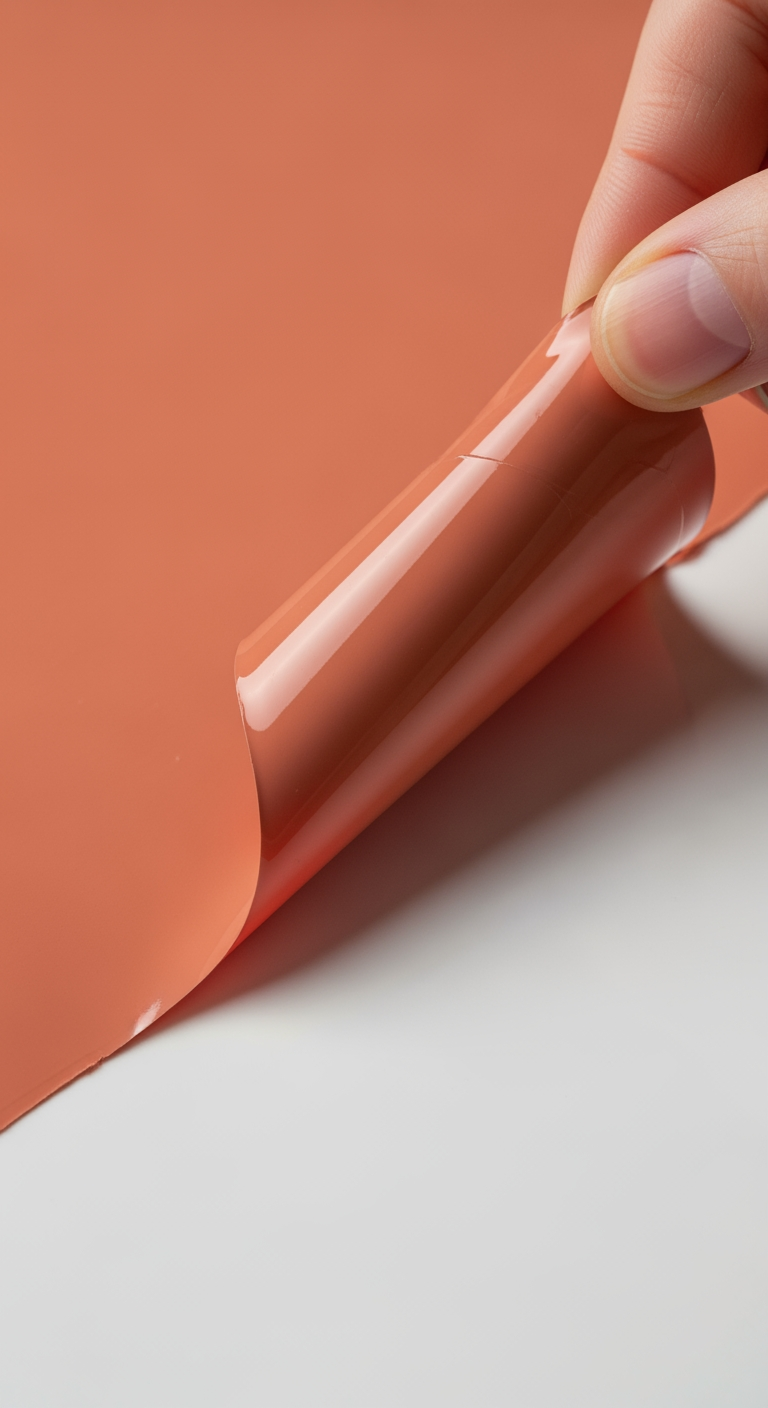 Gros plan sur la texture d'une pellicule de peinture temporaire de couleur terre cuite en train d'être retirée d'un mur.