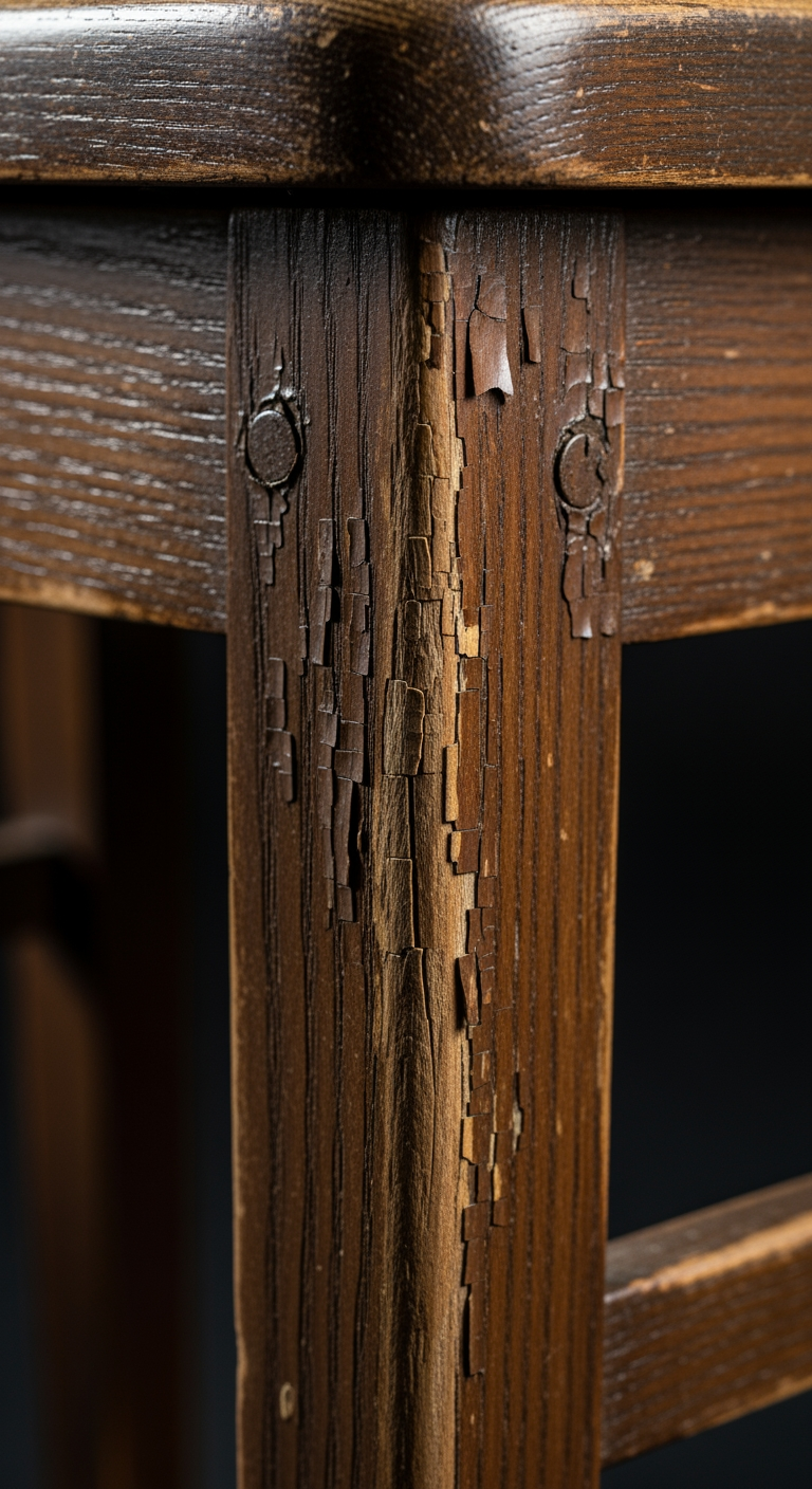 Gros plan sur le bois usé et le vernis écaillé d'une vieille chaise, illustrant la nécessité d'une restauration.