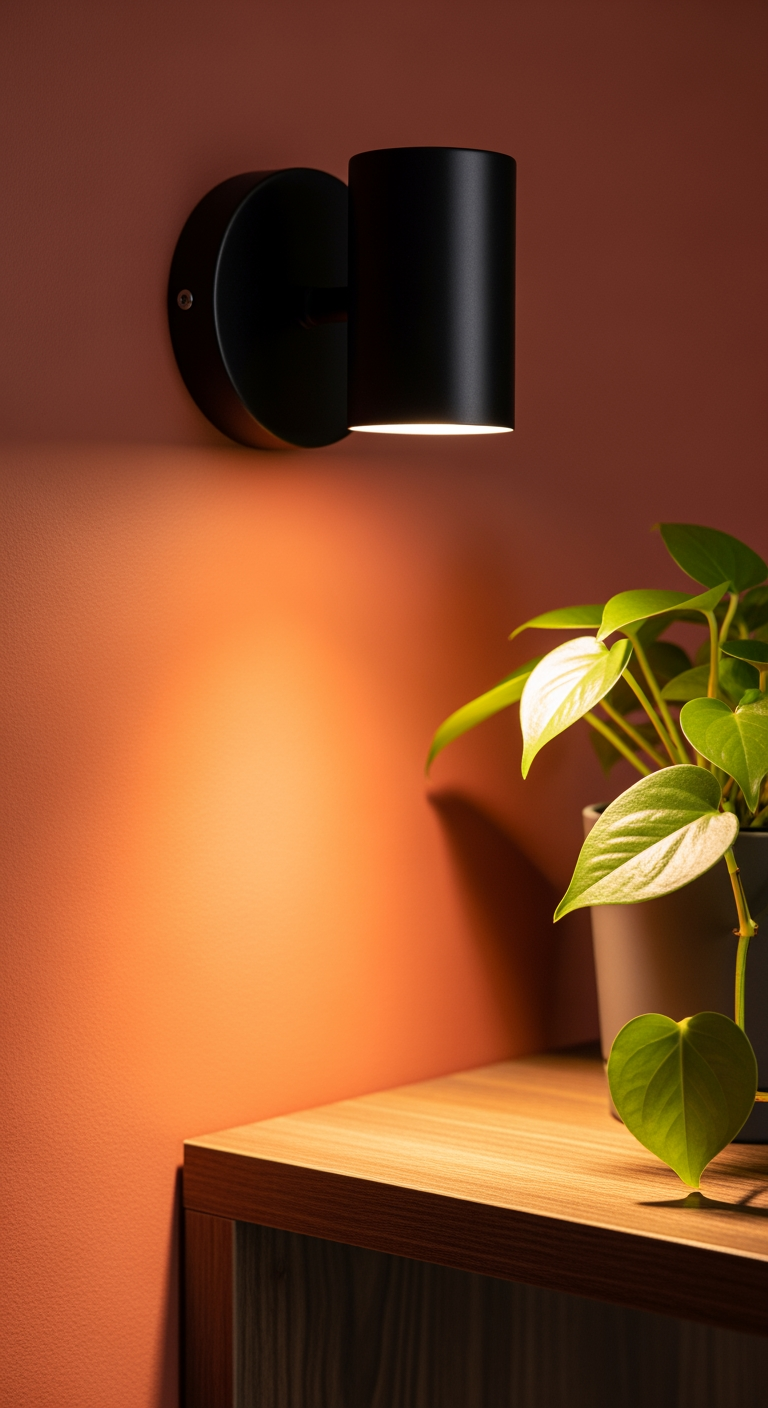 Gros plan sur une applique murale design éclairant un mur couleur terracotta et une petite plante verte, tendance déco 2026.