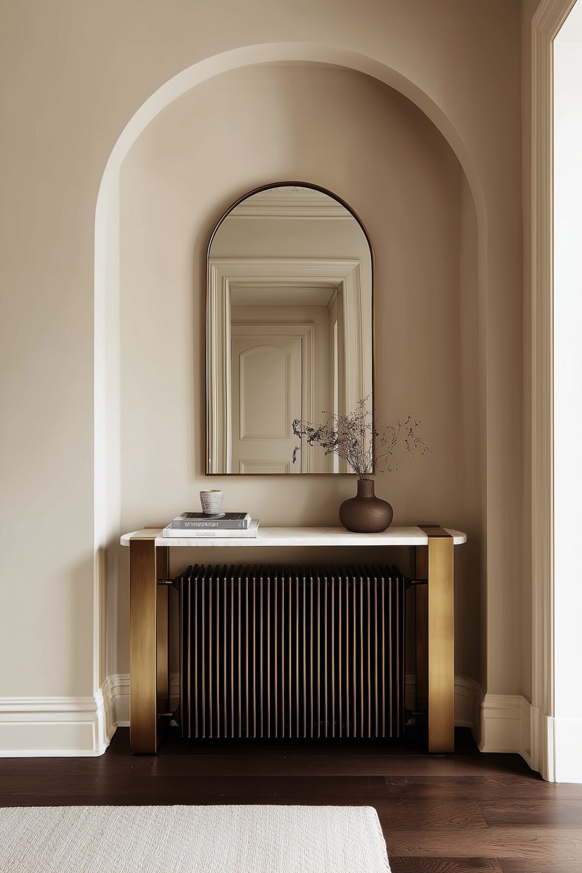 idée déco entrée meuble laiton marbre chauffage fonte