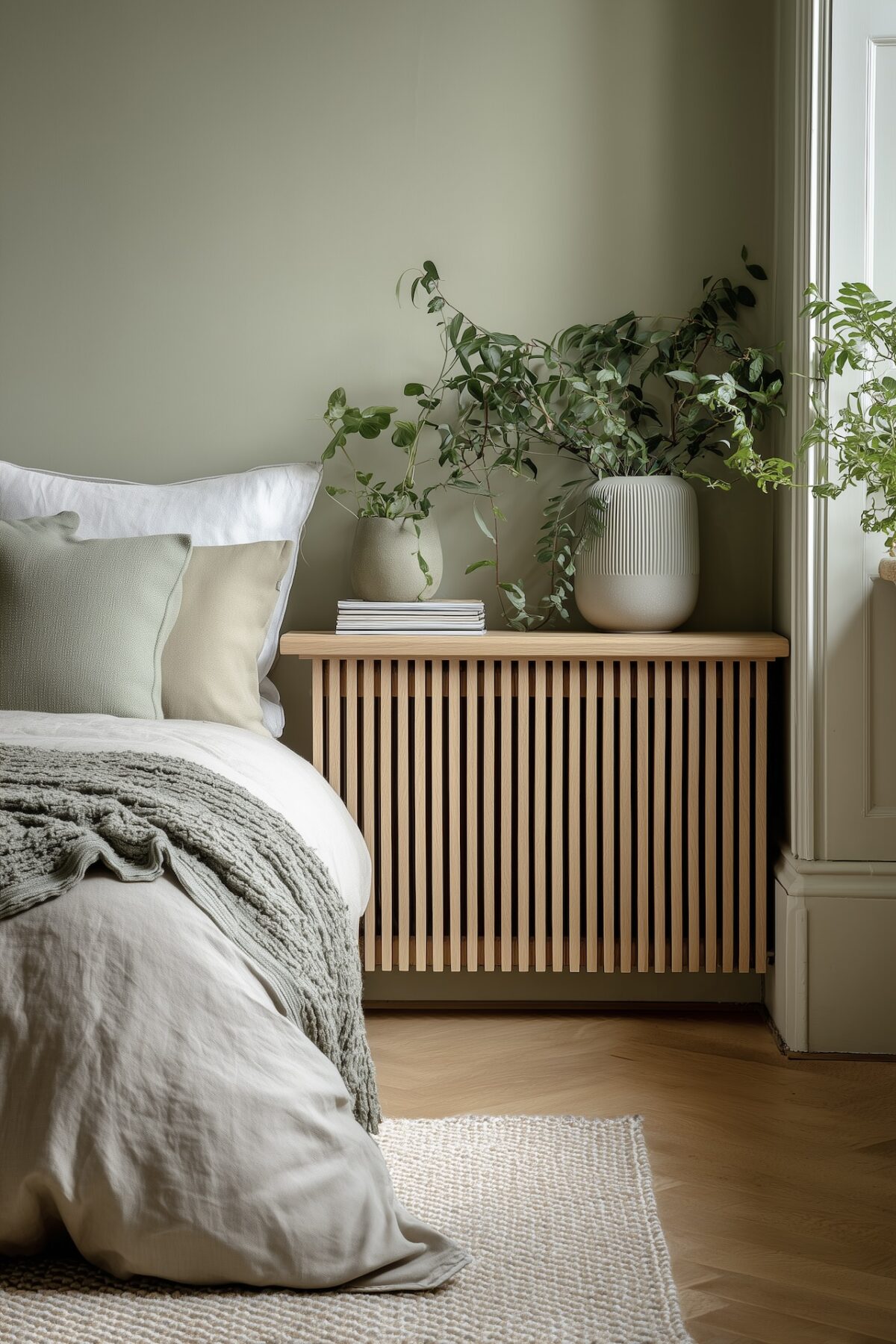 idée déco masquer chauffage coffrage bois console
