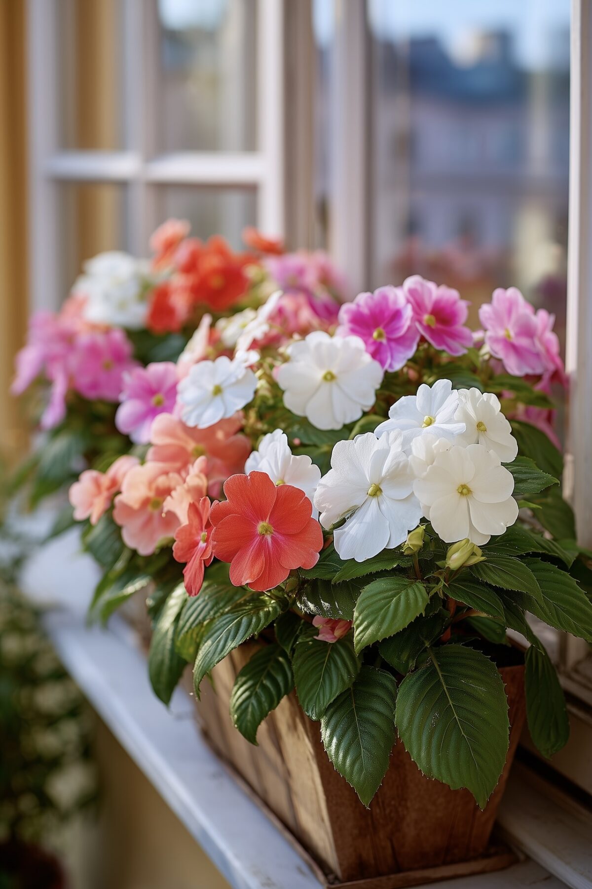 jardinière fenêtre impatiens fleurs multicolores