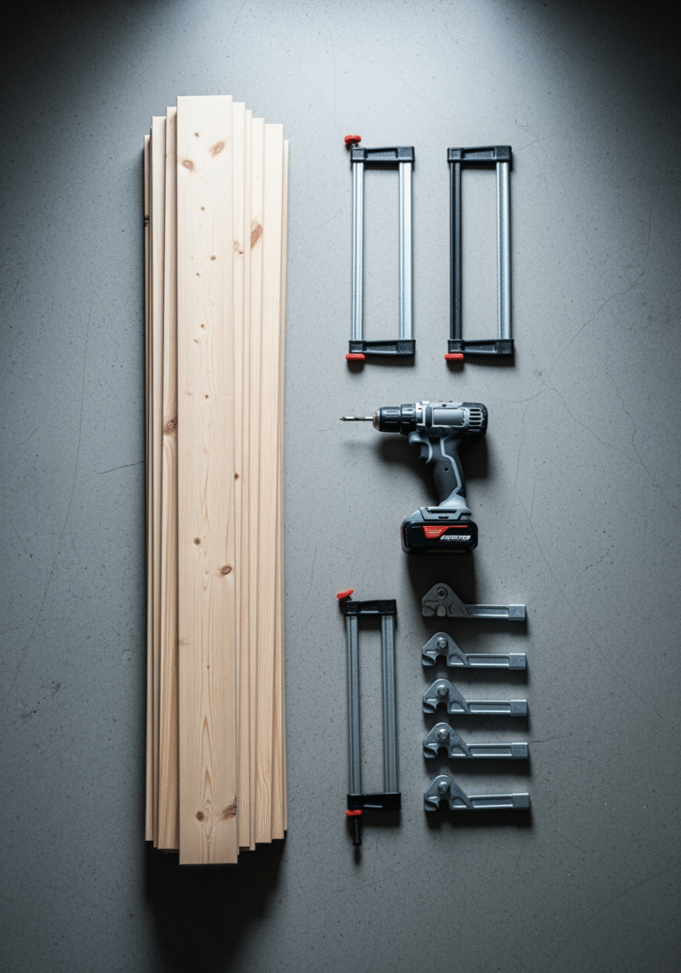 Matériel de bricolage pour un cache-radiateur : des tasseaux de pin, une perceuse-visseuse et des serre-joints bien organisés au sol.