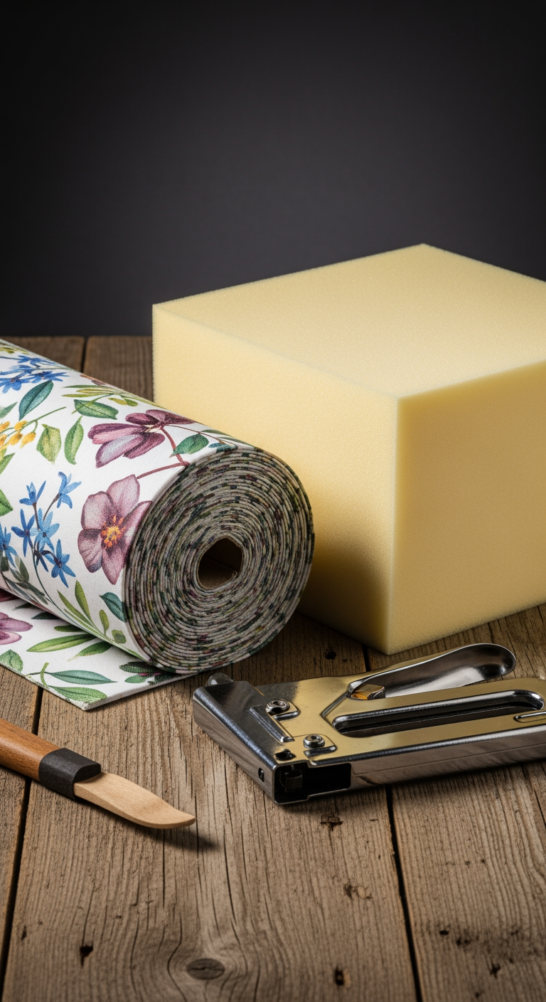 Matériel pour refaire une assise de chaise : tissu à motifs, mousse de rembourrage et une agrafeuse.