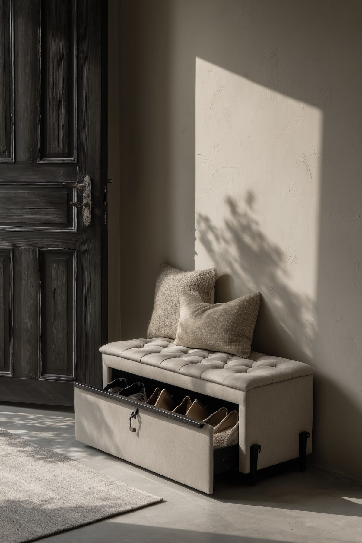 Banc d'entrée capitonné beige avec tiroir basculant range-chaussures, meuble peu encombrant près de la porte