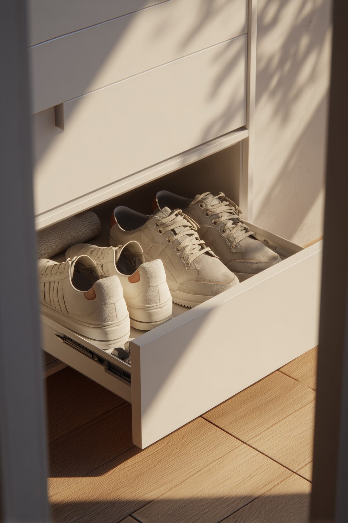 Détail tiroir coulissant ouvert d'un meuble chaussures entrée peu encombrant avec baskets rangées