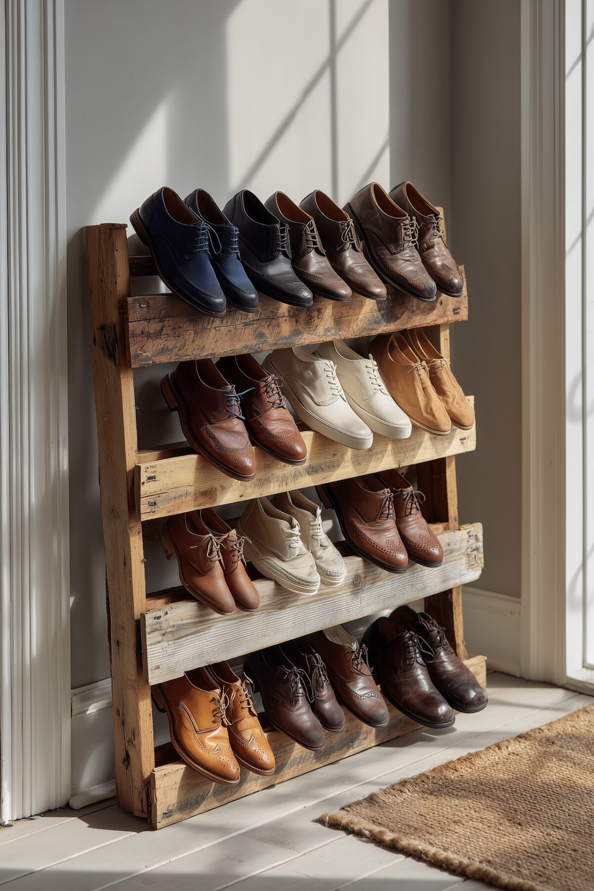 Meuble chaussures entrée peu encombrant DIY en palette recyclée appuyée contre le mur avec chaussures en cuir