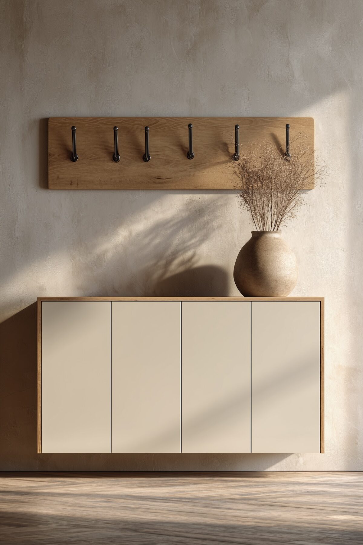 Meuble chaussures entrée peu encombrant style japandi blanc et chêne avec porte-manteaux mural en bois