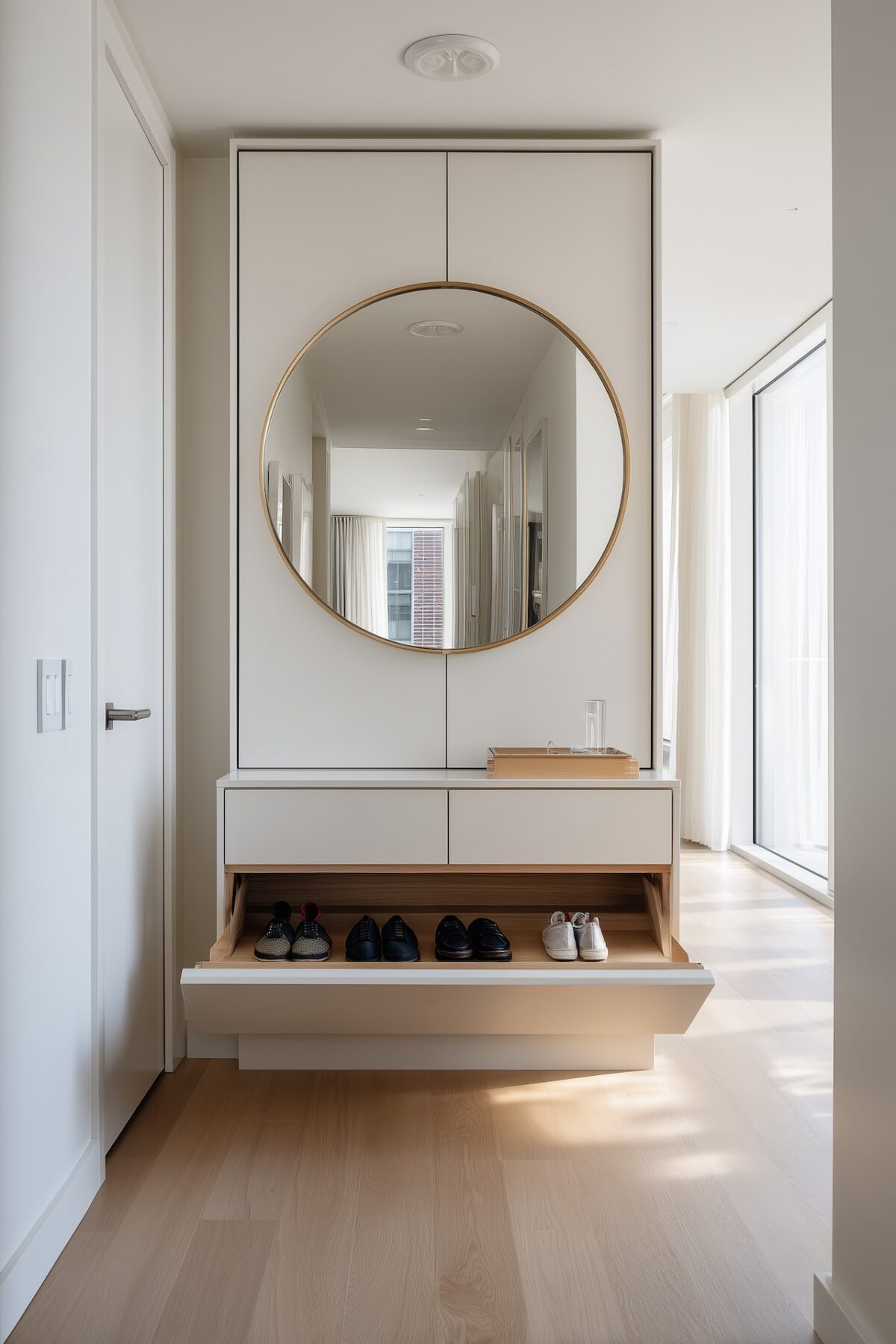 Meuble chaussures entrée peu encombrant avec tiroir basculant ouvert, grand miroir rond doré et rangement intégré