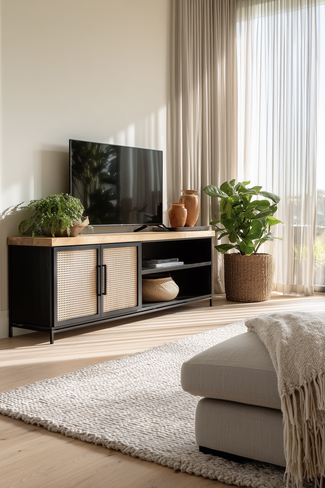 Meuble TV cannage bois métal ambiance bohème