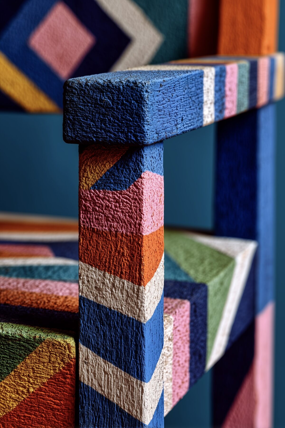 motif géométrique colore peint sur chaise en bois