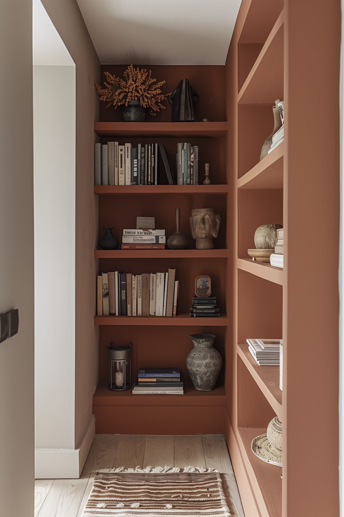 niche bibliothèque terracotta intégrée couloir