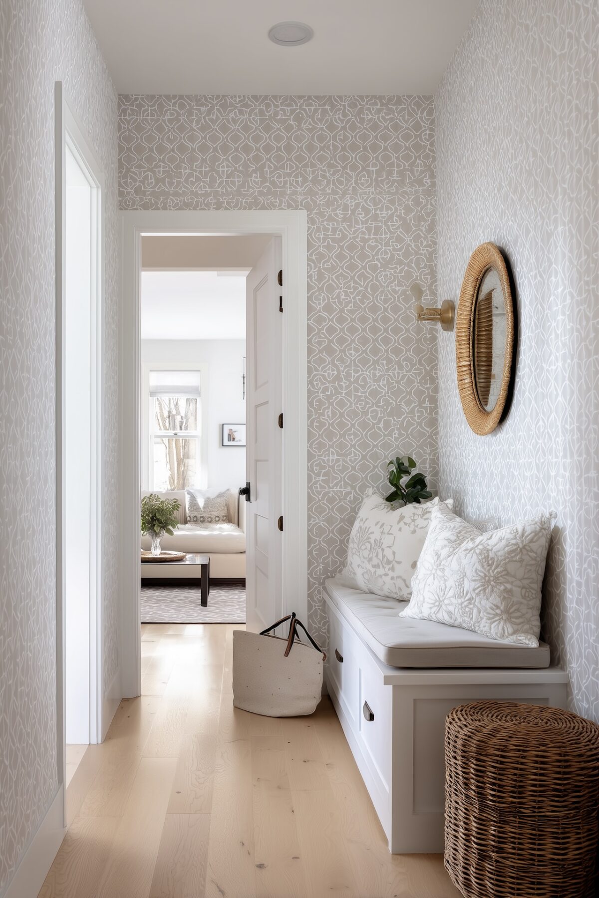 papier peint graphique beige écru petite entrée
