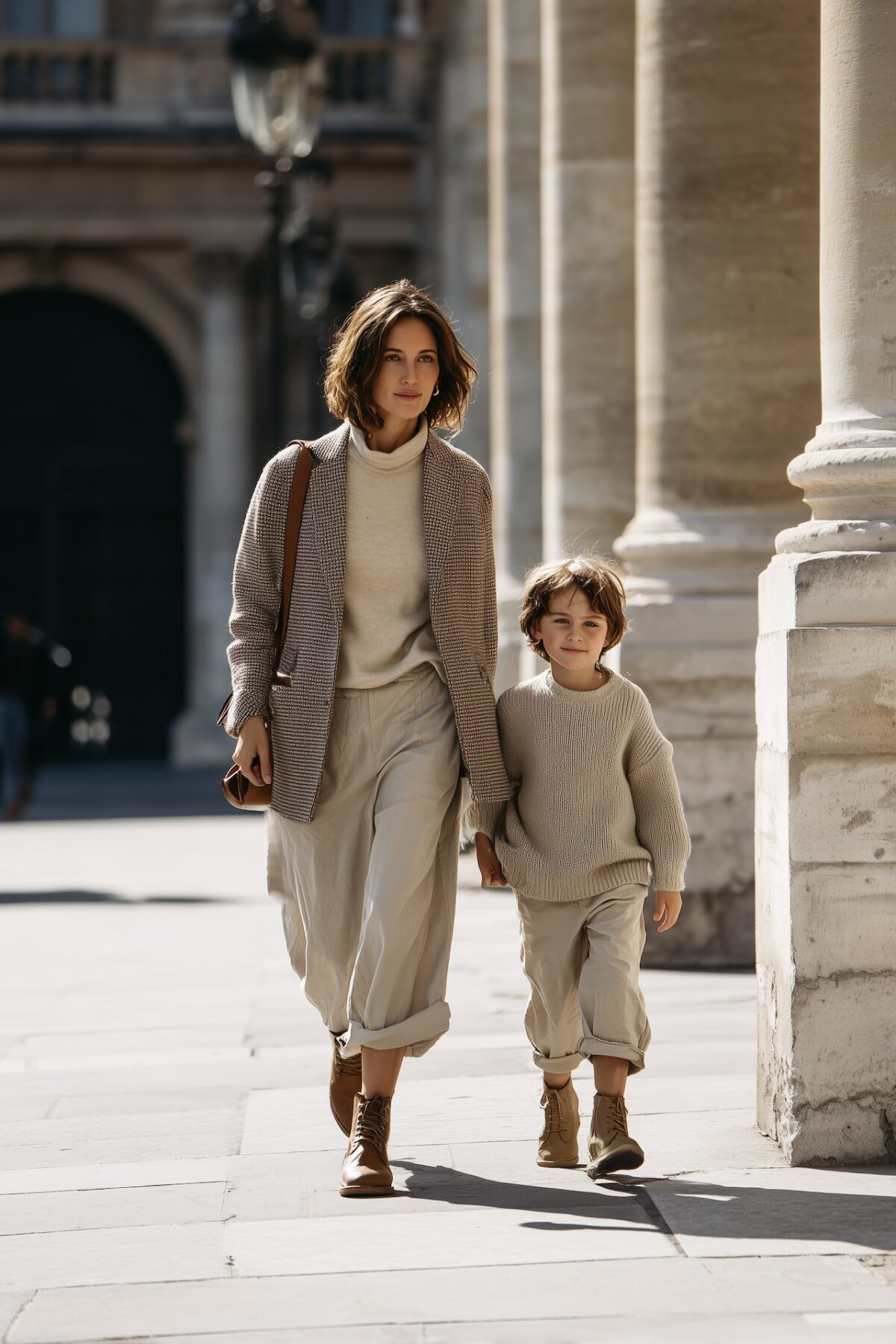 mère enfant garçon look coordonné tons neutres