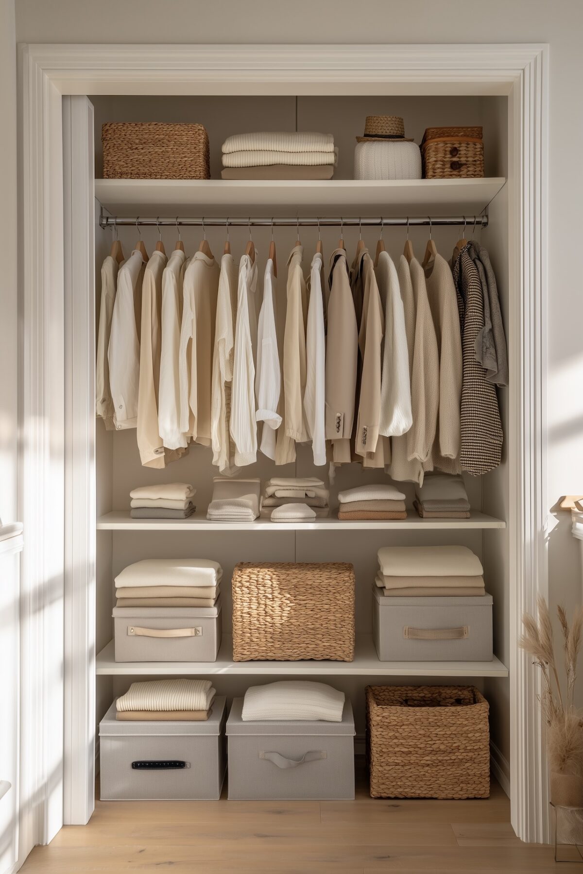 placard encastré organisé vêtements clairs boites rangement