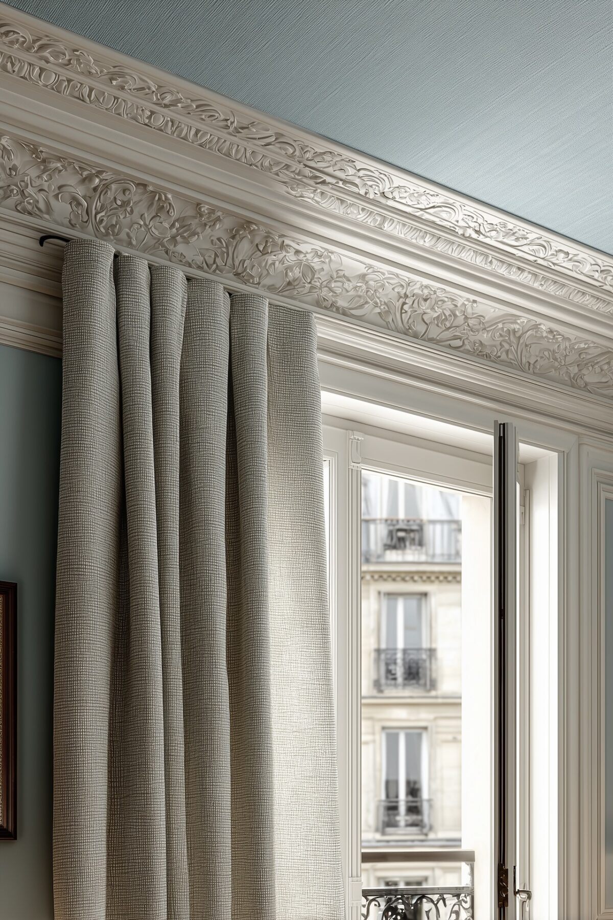 rideaux pleine hauteur soulignant moulures plafond haussmannien