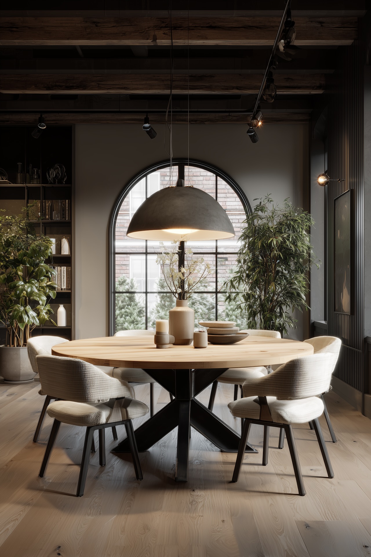 Salle à manger table ronde bois pied noir