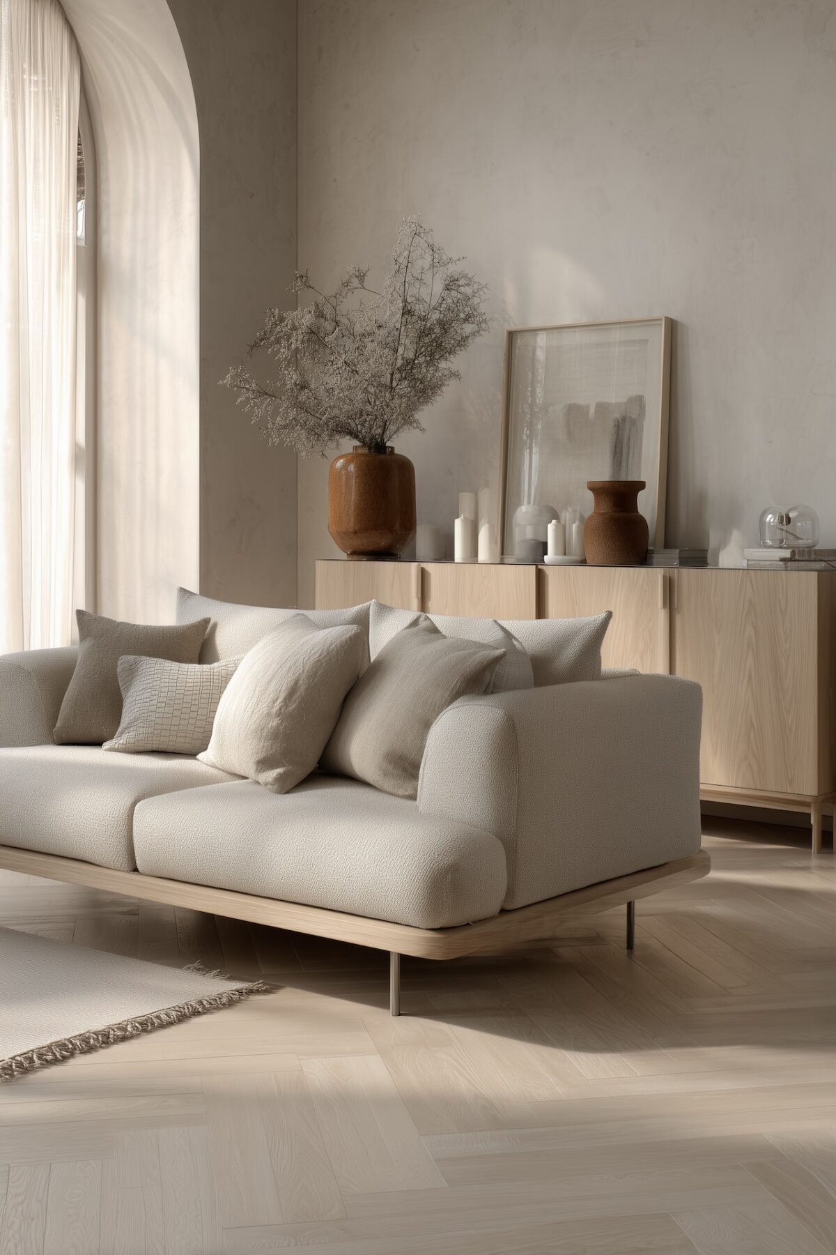 salon beige minimaliste canapé bas parquet clair