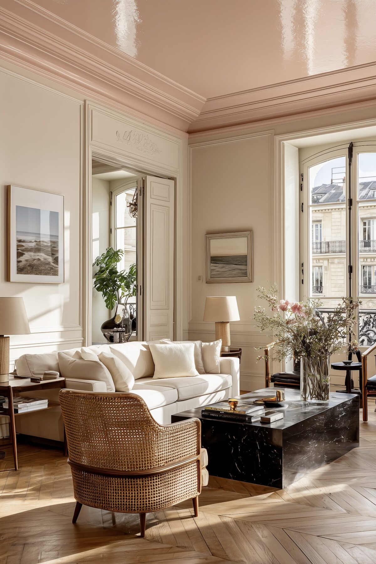 Salon haussmannien plafond bas peint brillant