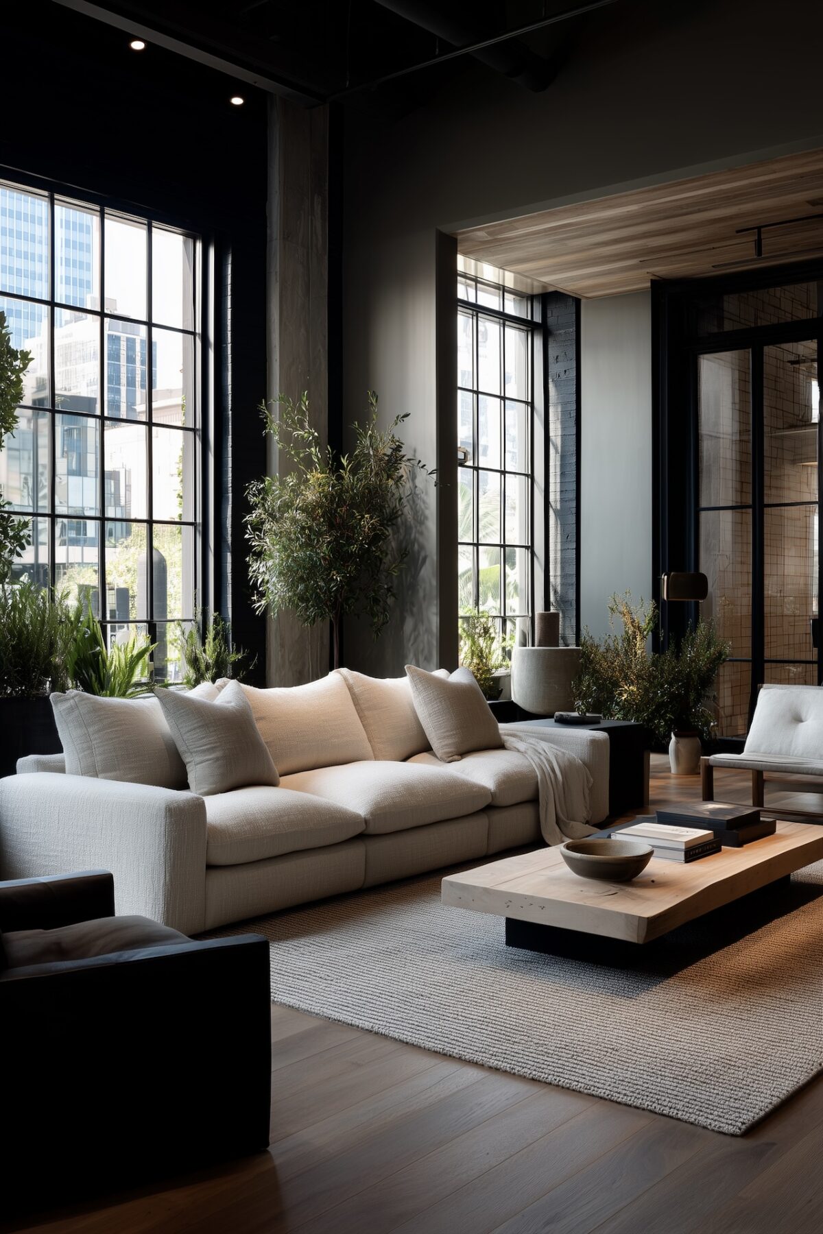 Salon loft industriel lumineux grandes verrières