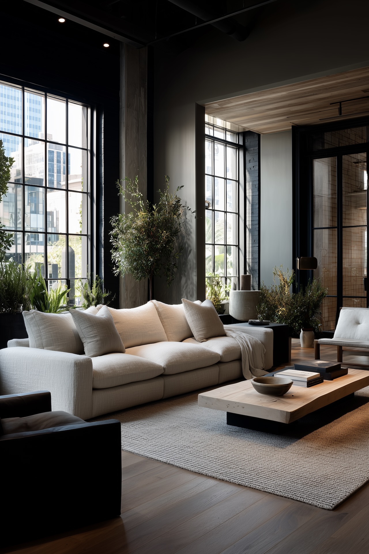 Salon loft industriel lumineux grandes verrières