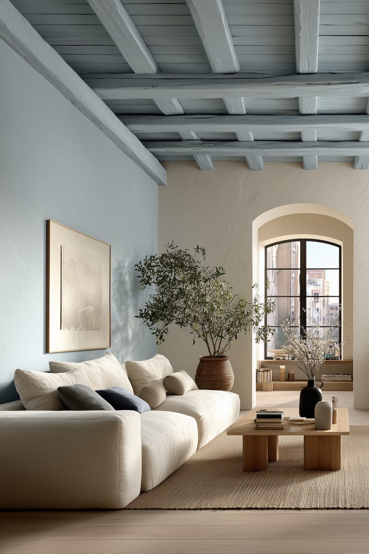 salon lumineux plafond bleu poutres peintes élégantes