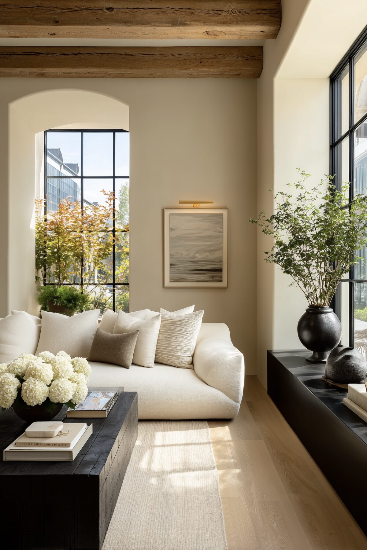 salon chaleureux poutres bois lumière naturelle abondante