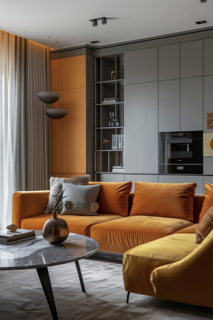 salon studio orange gris canapé angle velours