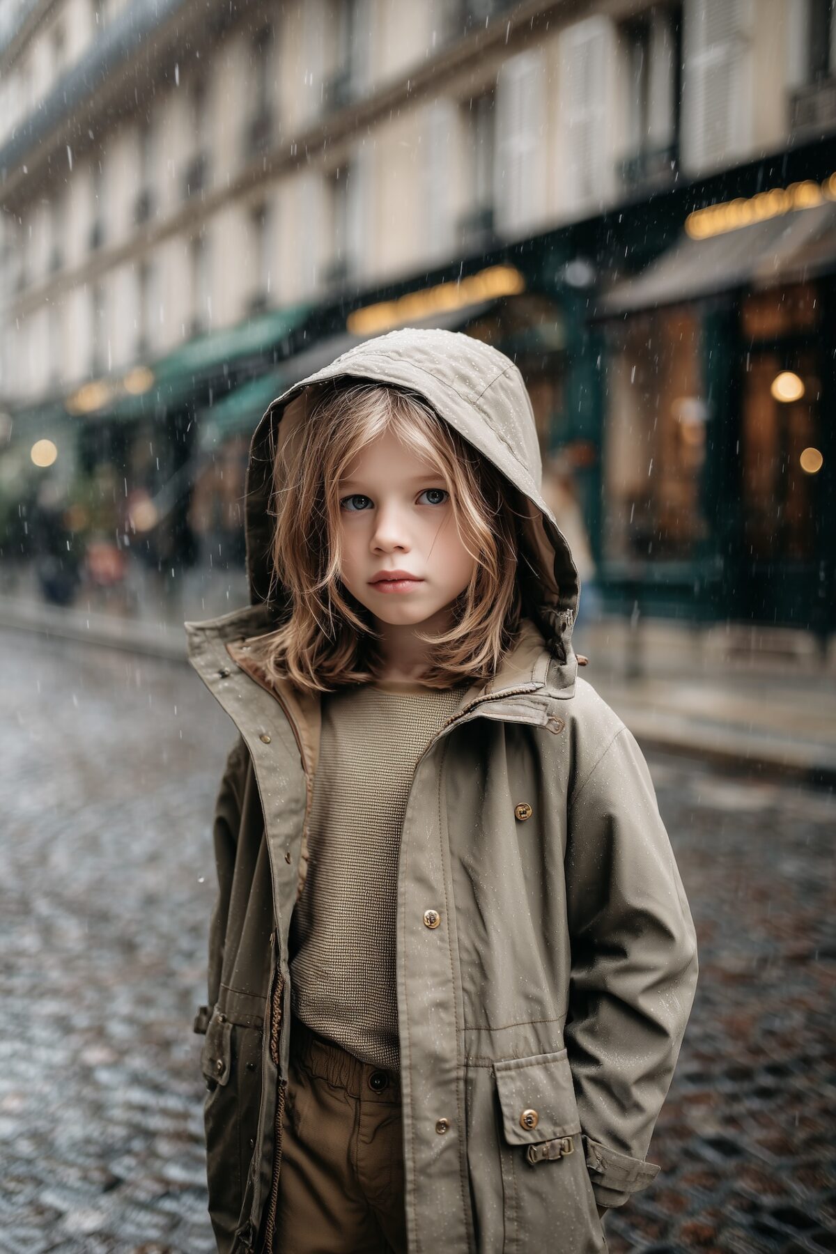 Enfant imperméable kaki pluie ambiance urbaine