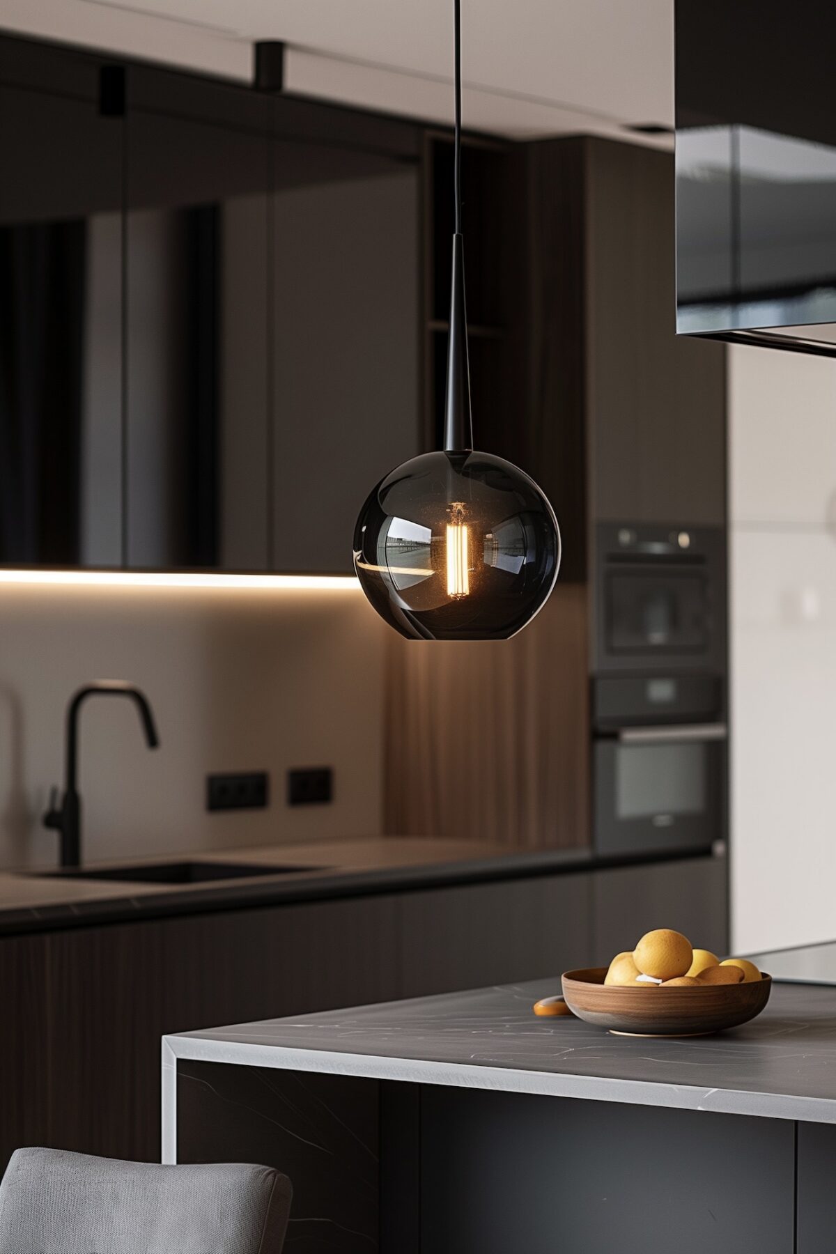 suspension DIY verre fumé cuisine contemporaine ilot