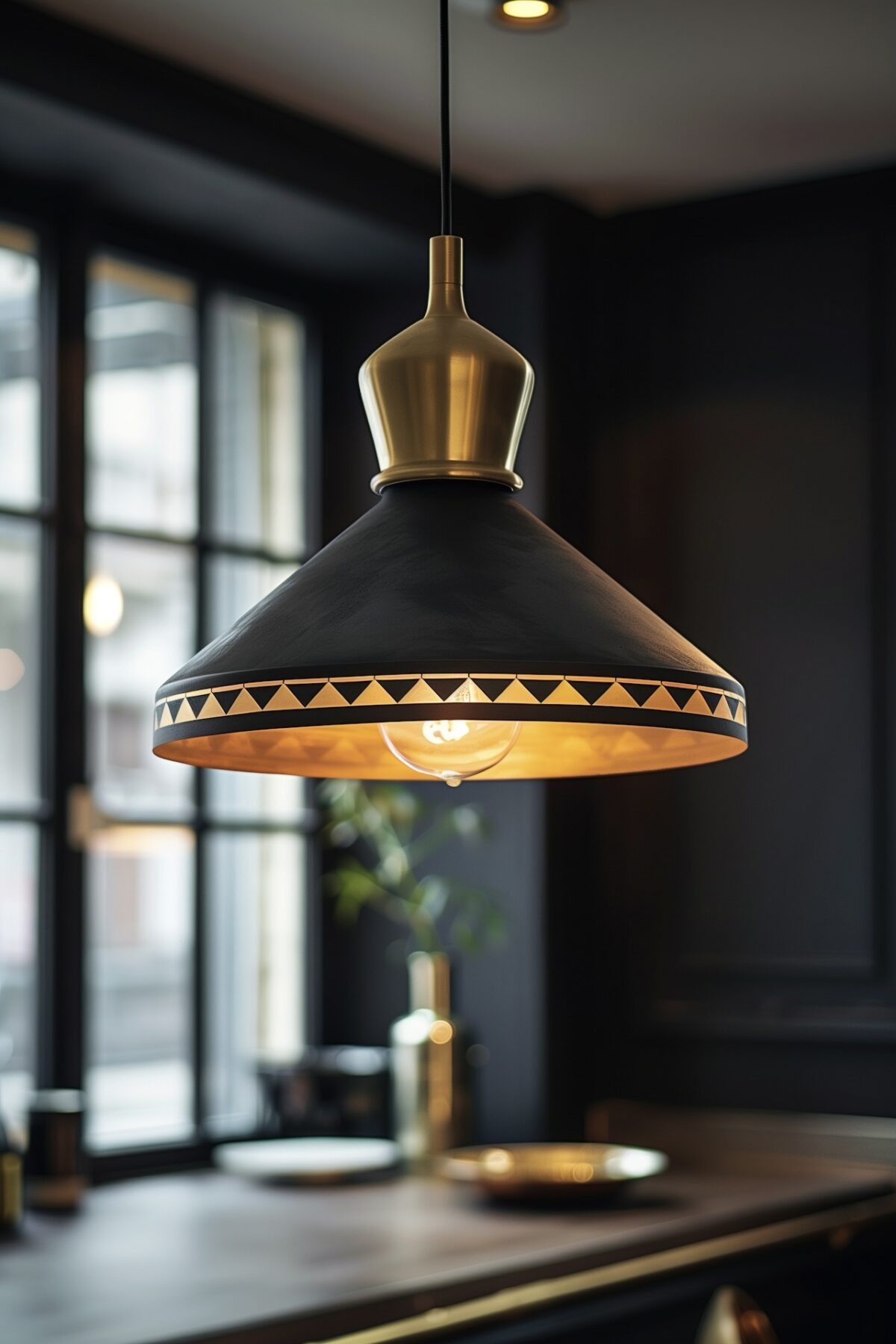 suspension noire liserés triangles doré cuisine design