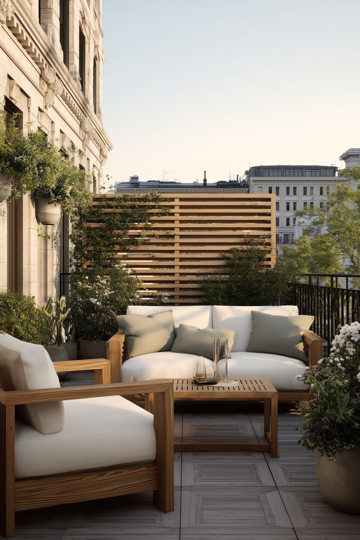 Terrasse haussmannienne claustra bois brise vue