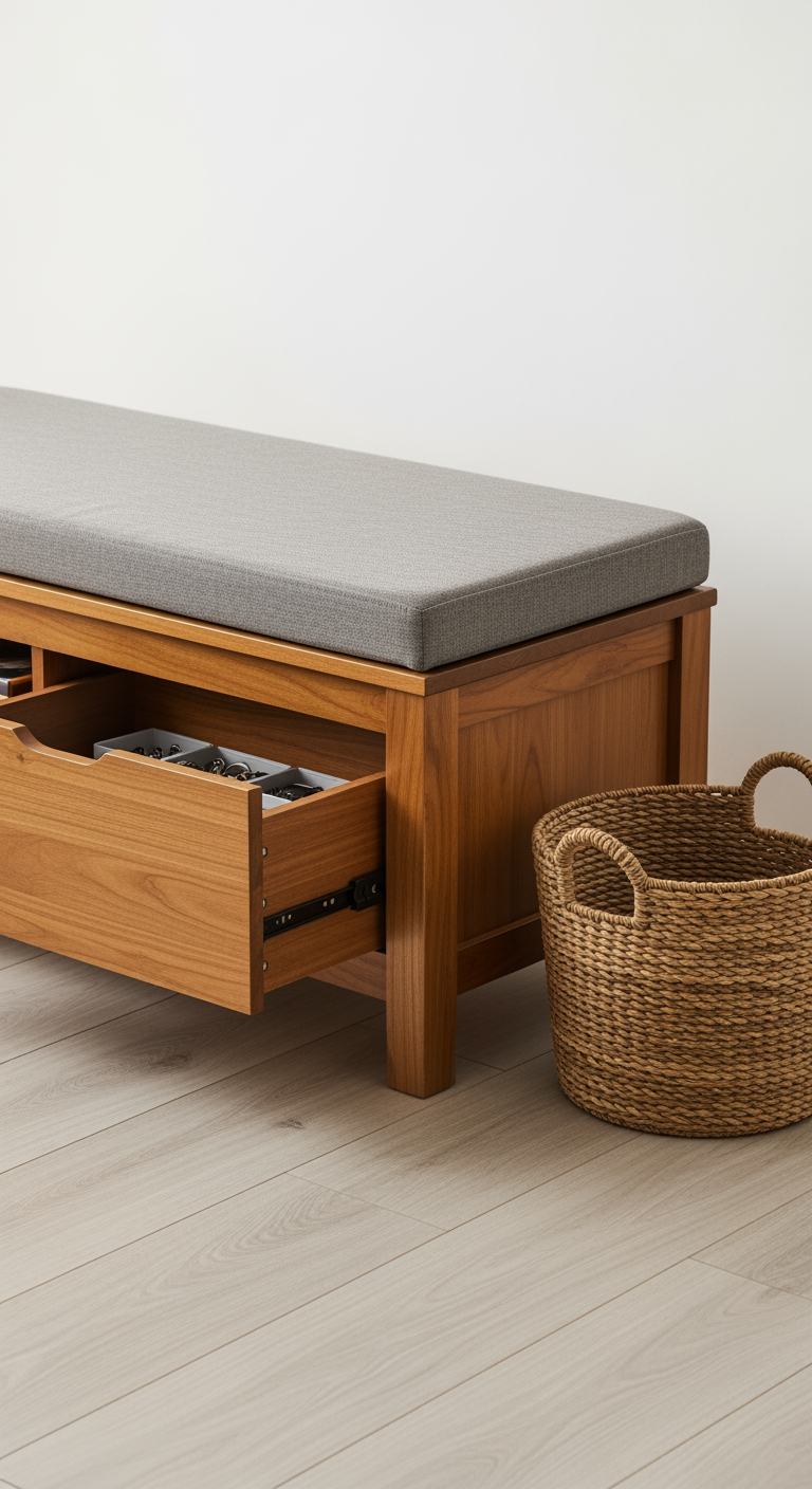 Un banc-coffre en bois avec une assise en tissu gris, un tiroir de rangement entrouvert, illustrant le mobilier à double-fonction.